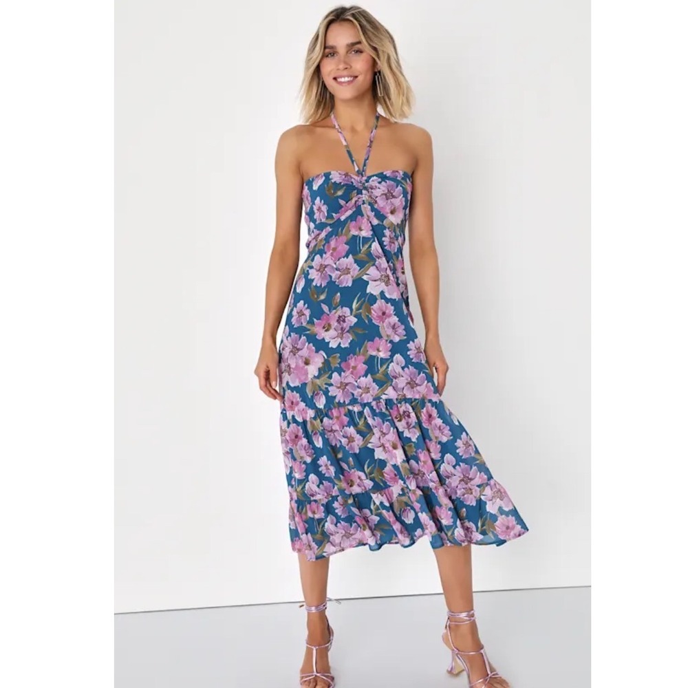 Maximum Perfection Blue Floral Halter Tiered Midi Dress